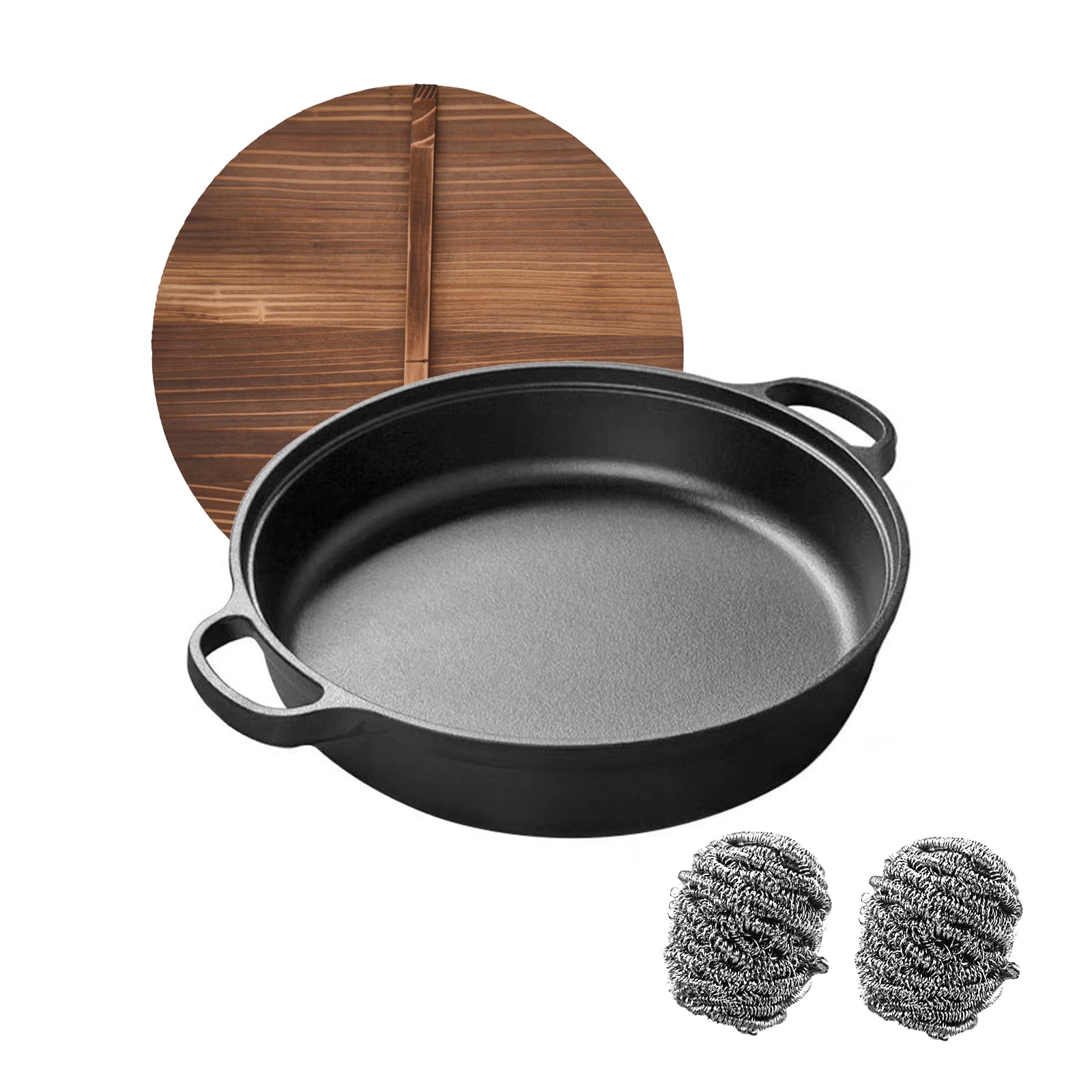 WANGYUANJI 13"Cast Iron Wok With Dual Handles And Wooden Lid, Uncoated Frying Pan For Gas And IH, Chinese Thickened Pancake Pan, Stir-frying And IH Universal, With Free Steel Wire Ball_voghion.com
